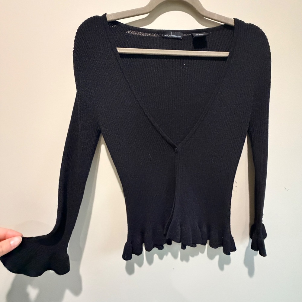 Y2K Moda International Cardigan Sweater Women XS Black Ribbed Ruffle Whimsigoth